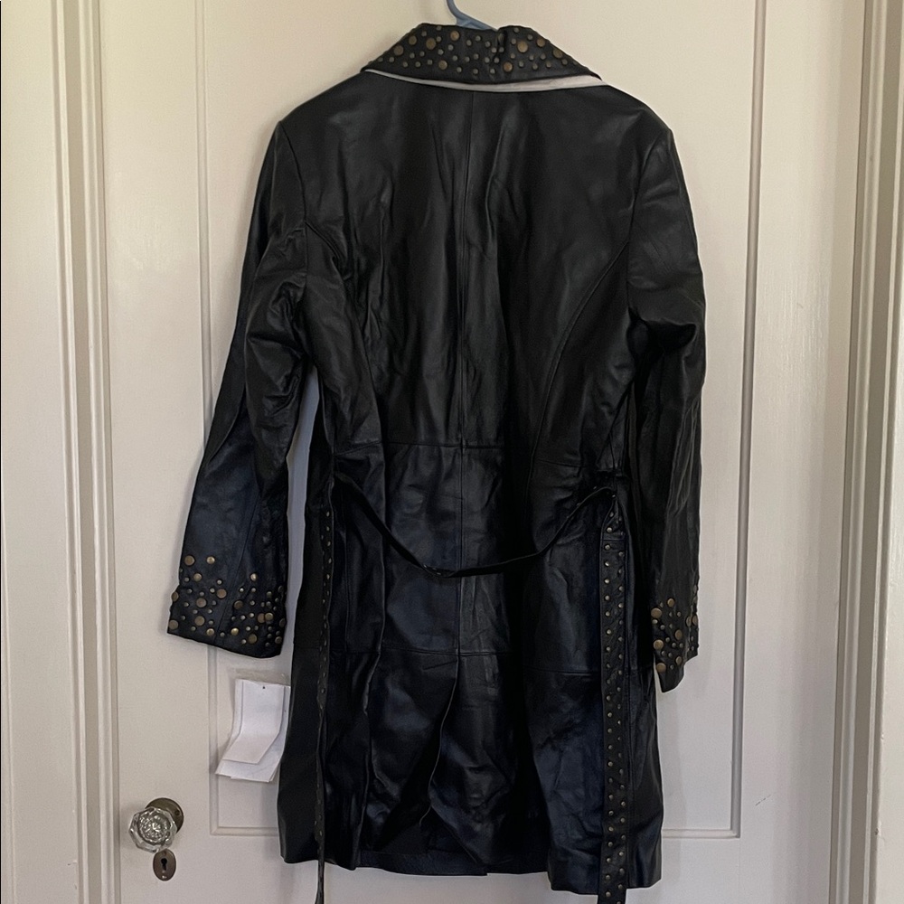 Vintage Pamela McCoy Black Gold Studded Leather Trench Coat - Picture 10 of 10
